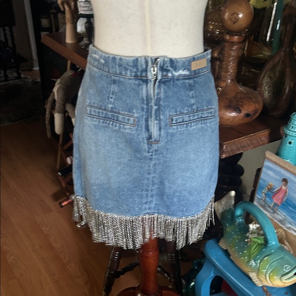 Denim Rhinestone Fringe Skirt - Picture 4 of 16